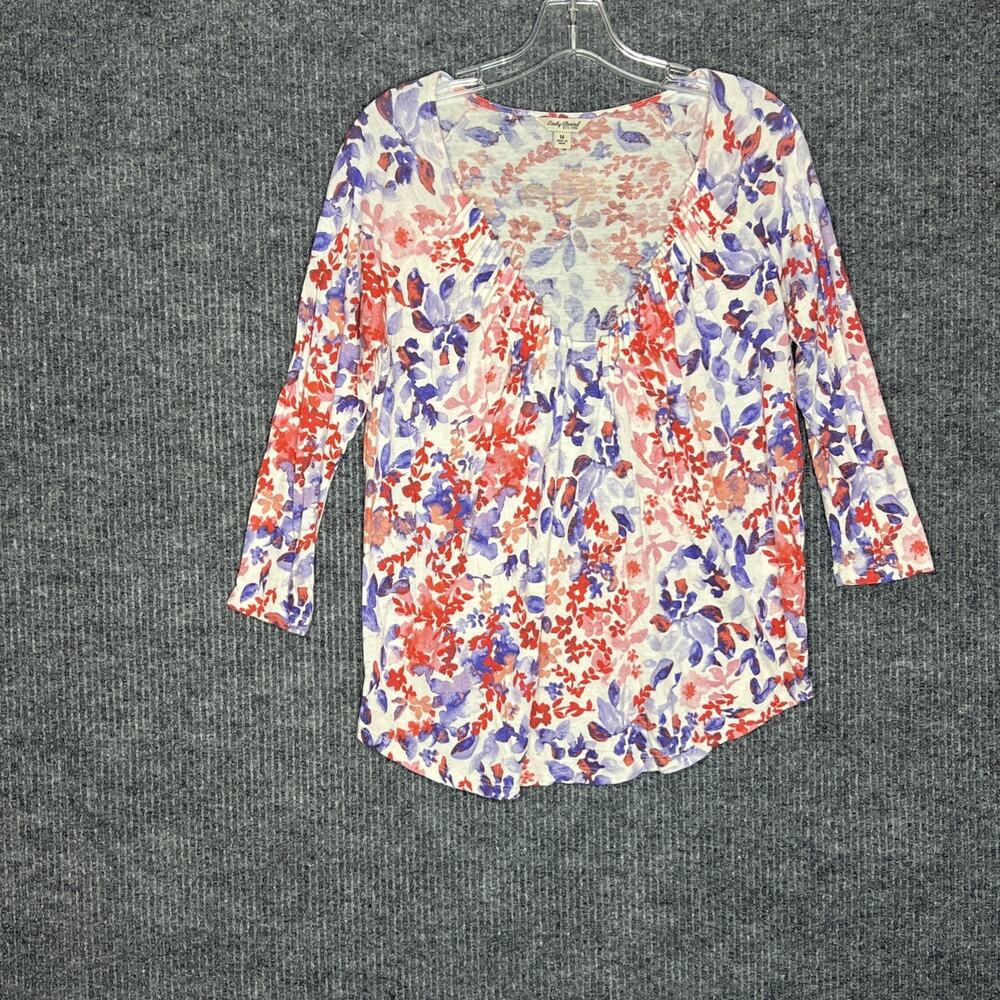 Lucky Brand Womens Boho Floral Printed Blouse Size Medium V Neck Multi Color